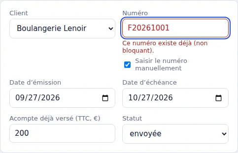 Alerte de numéro en double